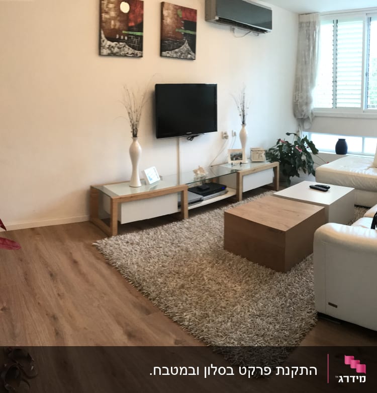 רצפת פרקט עץ בסלון מודרני עם שטיח